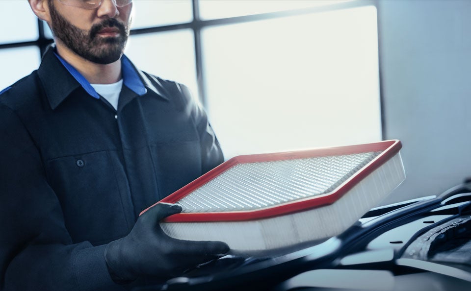 A technician inspecting an air filter.